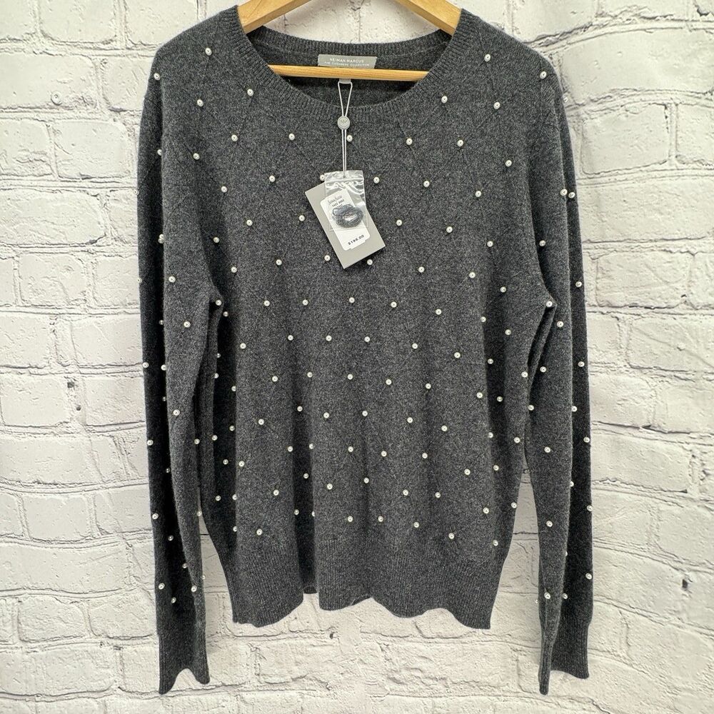 NWT Neiman Marcus Cashmere Sweater Women's XL Gray Pearl Embellished Classic